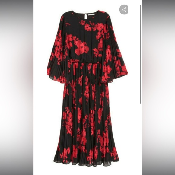 NWOT H&M Chiffon Red & Black Floral  Poppy Pleated Midi Dress Women Size 6 US - Picture 3 of 12